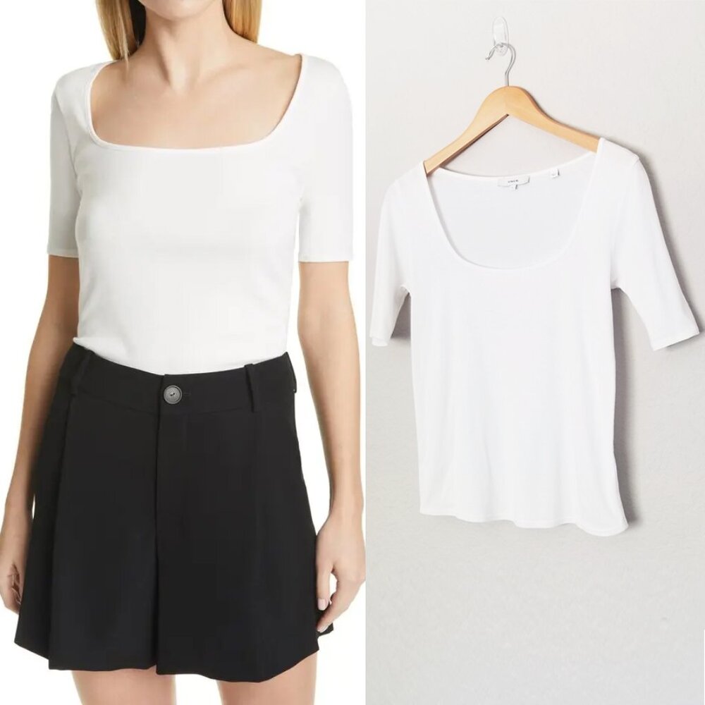 Vince. Women's S Short Sleeve Square Neck Tee T Shirt Top White Modal Cotton $95